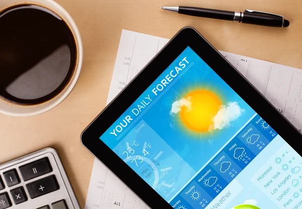 Tablet-PC zeigt Wettervorhersage auf dem Bildschirm mit einer Tasse Kaffee — Stockfoto