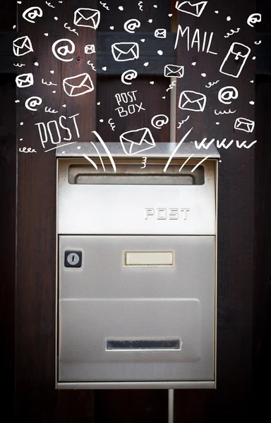 Postbox with white hand drawn mail icons — Stock Photo, Image