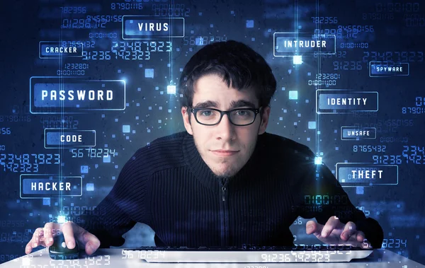 Hacker programmeren in technologie omgeving met cyber iconen — Stockfoto