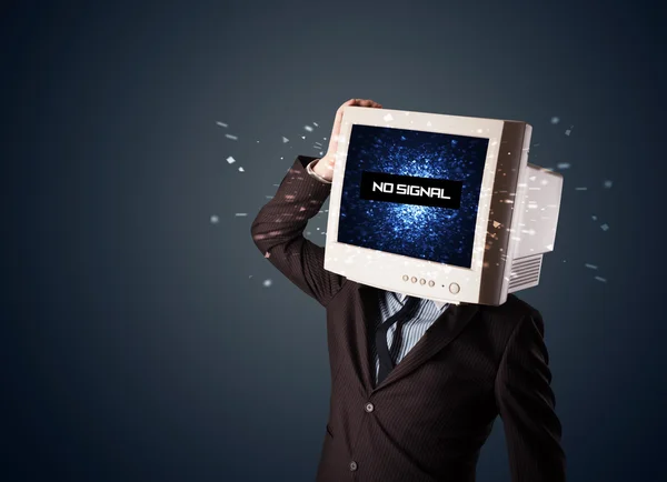 Man with a monitor head, no signal sign on the display — Stock Photo, Image