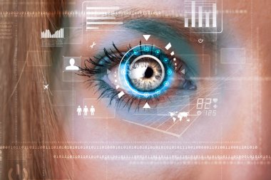 Siber teknoloji göz paneli konsepti ile gelecekteki kadın
