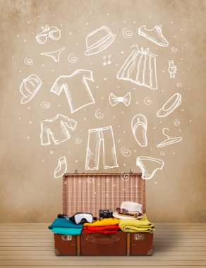 yolcunun Bagaj ile el çizilmiş kıyafetler ve simgeler