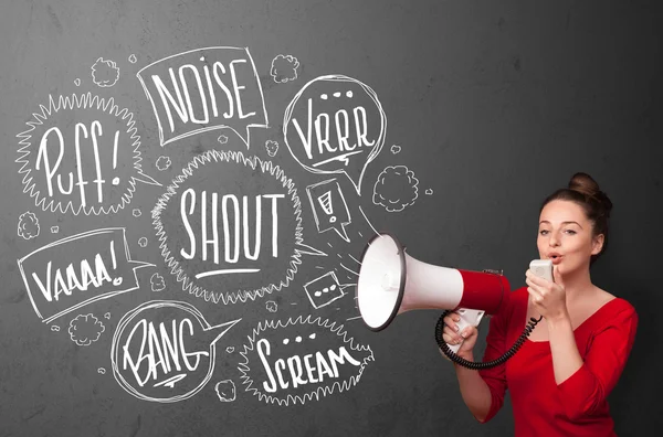 Girl yelling into megaphone and hand drawn speech bubbles come o — Stock Photo, Image