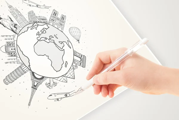 Hand drawing vacation trip around the earth with landmarks and c — Stock Photo, Image