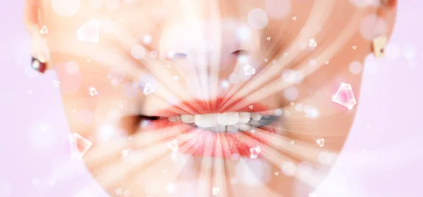 Beautiful girl mouth breathing abstract white lights and crystal — Stock Photo, Image