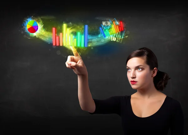 Young businesswoman touching colorful modern graph system concep — Stock Photo, Image