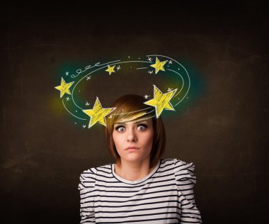 girl with yellow stars circleing around her head illustration clipart