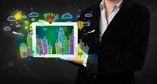 Young person showing tablet with hand drawn cityscape — Stock Photo, Image