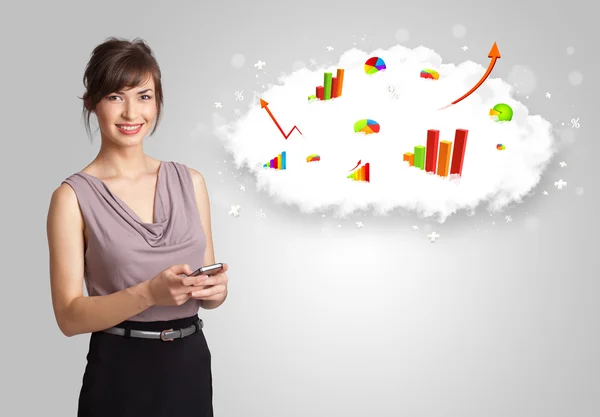 Young woman presenting cloud with graphs and charts — Stock Photo, Image