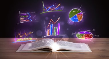 Parlak grafik çizimleriyle ahşap güvertede kitap