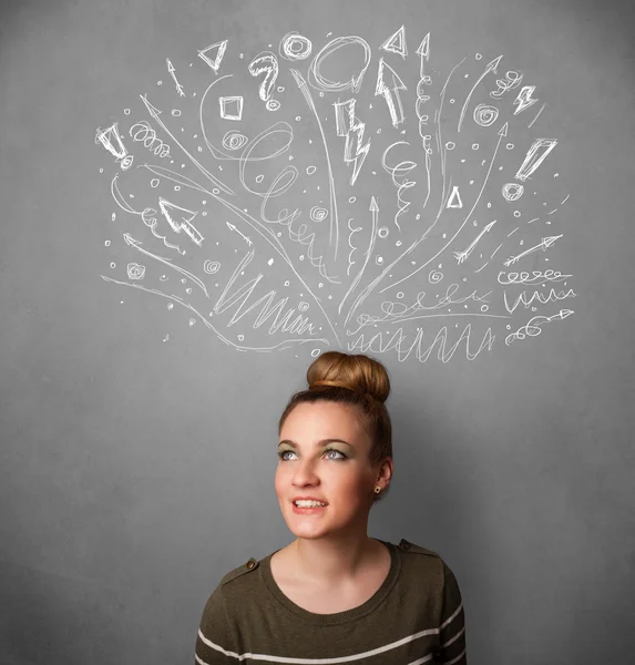 Young woman thinking with sketched arrows above her head — Stock Photo, Image