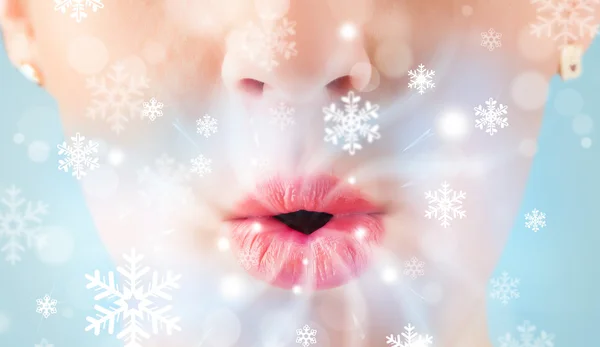 Pretty woman mouth blowing cold breeze — Stock Photo, Image