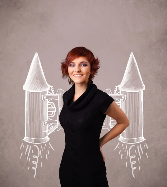 Söt tjej med jet pack raket ritning illustration — Stockfoto