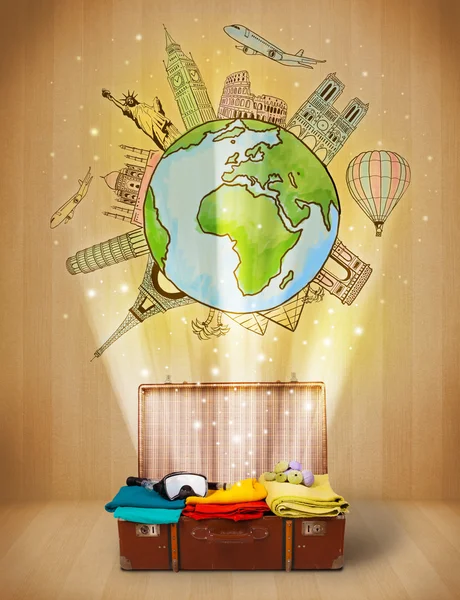 Luggage with travel around the world illustration concept — Stock Photo, Image