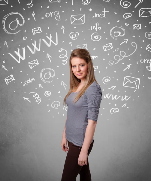 Pretty young girl with abstract white media icon doodles — Stock Photo, Image