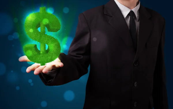 Joven hombre de negocios presentando signo verde brillante dólar —  Fotos de Stock