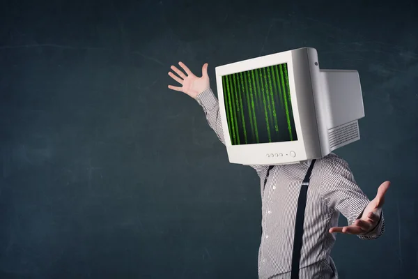 Cyber human with a monitor screen and computer code on the displ — Stock Photo, Image
