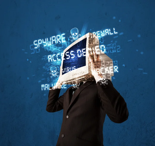 Monitor head person with hacker type of signs on the screen — Stock Photo, Image