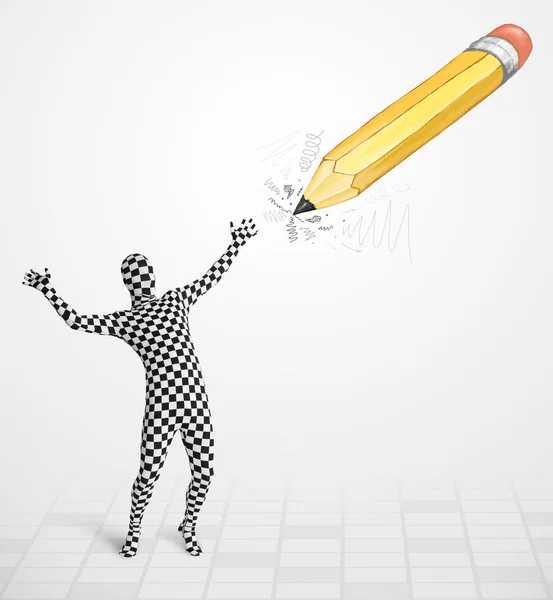 Guy in body mask with a big hand drawn pencil — Stock Photo, Image