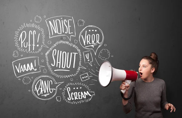 Girl yelling into megaphone and hand drawn speech bubbles come o — Stock Photo, Image