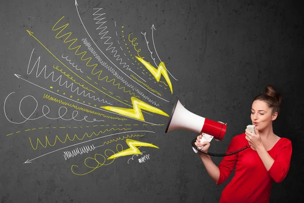 Cute girl shouting into megaphone with hand drawn lines and arro — Stock Photo, Image