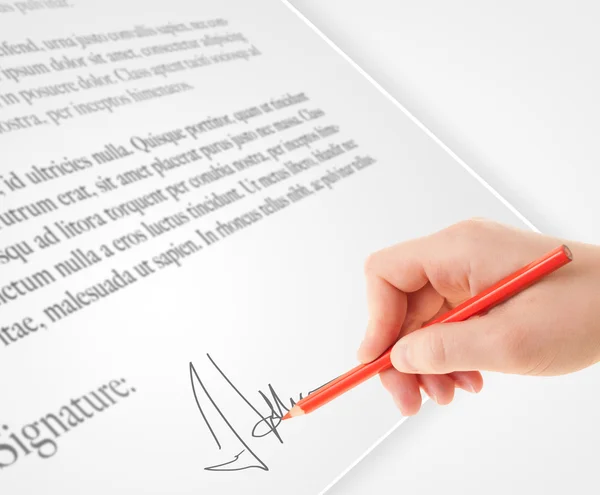 Hand writing personal signature on a paper form — Stock Photo, Image