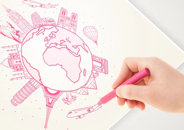 Hand drawing vacation trip around the earth with landmarks and c — Stock Photo, Image