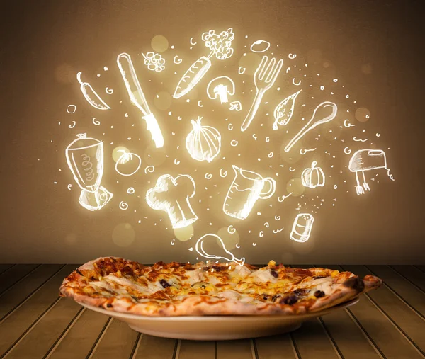 Pizza with white restaurant icons and symbols — Stock Photo, Image