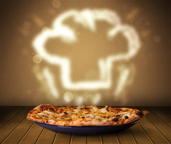 Deliciosa pizza con chef cocinero sombrero de vapor ilustración — Foto de Stock