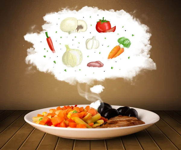 Tallrik med mat med vegetabiliska ingredienser illustration i molnet — Stockfoto