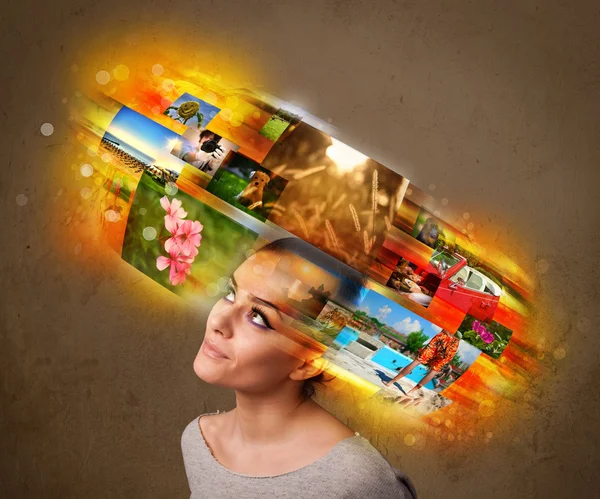 Girl with colorful glowing photo memories concept — Stock Photo, Image