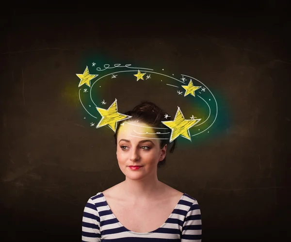 Girl with yellow stars circleing around her head illustration — Stock Photo, Image