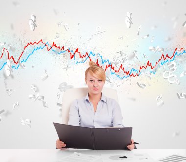 Borsa grafiğiyle masada oturan iş kadını. 