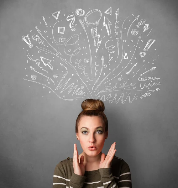 Young woman thinking with sketched arrows above her head — Stock Photo, Image