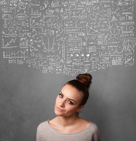 Young woman gesturing with sketched charts above her head — Stock Photo, Image