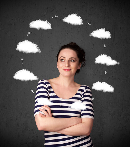 Young woman thinking with cloud circulation around her head