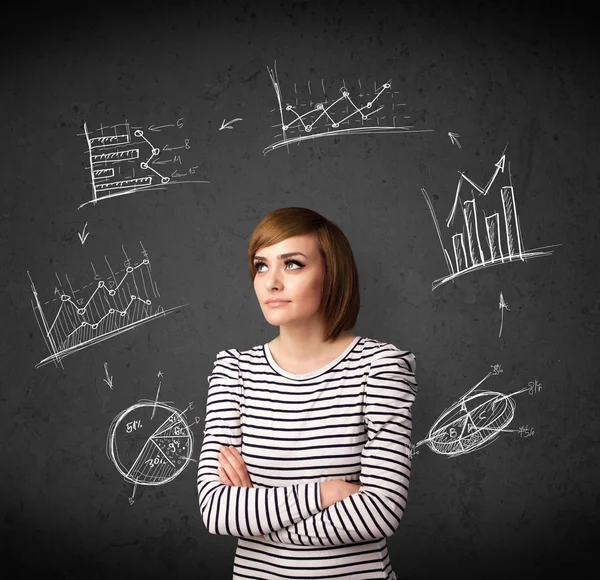 Young woman thinking with charts circulation around her head — Stock Photo, Image