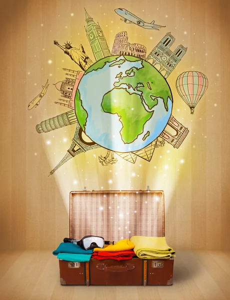 Luggage with travel around the world illustration concept — Stock Photo, Image