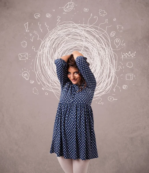 Pretty young girl with abstract circular doodle lines and icons — Stock Photo, Image