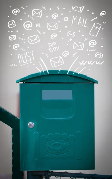 Postbox with white hand drawn mail icons — Stock Photo, Image