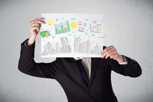 Businessman holding a paper with charts and cityscape in front o — Stock Photo, Image