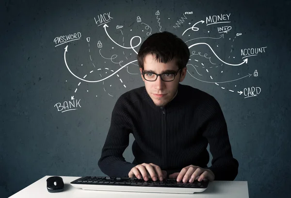 Joven hacker con pensamientos de línea dibujada blanca —  Fotos de Stock