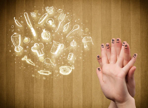 Vrolijke vinger glimlachen met voedsel en keuken hand getrokken pictogrammen — Stockfoto