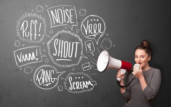 Girl yelling into megaphone and hand drawn speech bubbles come o — Stock Photo, Image