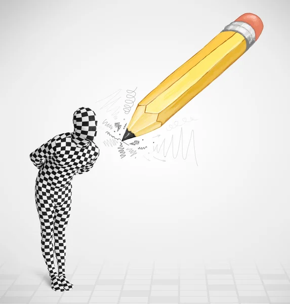 Guy in body mask with a big hand drawn pencil — Stock Photo, Image