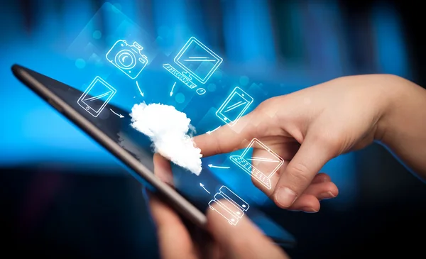 Finger pointing on tablet pc, mobile cloud concept — Stock Photo, Image