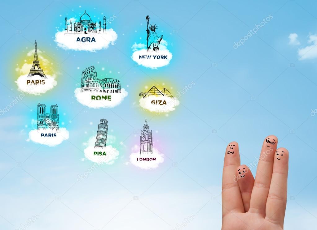 Cheerful finger smileys with sightseeing landmarks icons