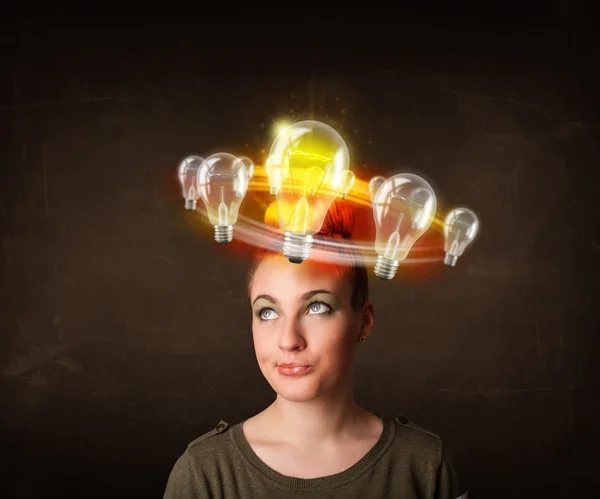 Woman with light bulbs circleing around her head — Stock Photo, Image