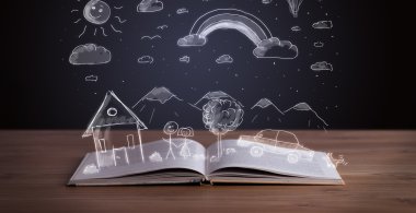 Elle çizilmiş peyzaj ile açık kitap 