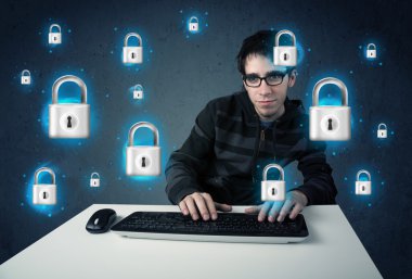 sanal kilit simgeleri ve simge ile genç hacker